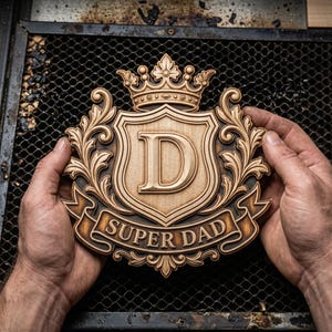 May include: A wooden plaque with a crown, shield, and banner design. The shield features the letter "D" and the banner reads "SUPER DAD". The plaque is held by hands and has a detailed, carved appearance.