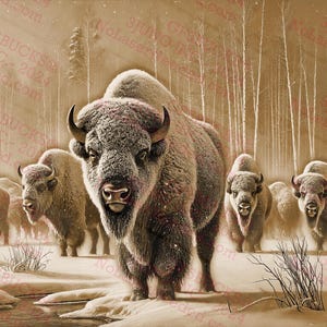 Scène d'hiver de bison | Art animalier rustique | Décoration murale 3D Illusion Troupeau de bisons | Conception de la nature et de la faune | Téléchargement instantané | 14 x 8