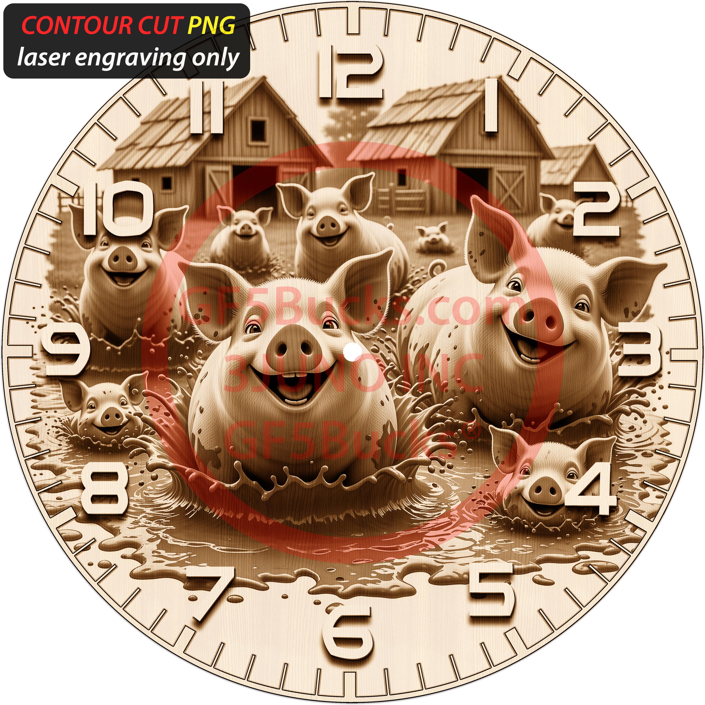 3D Illusion Pigs Clock Art for Laser Engraving | PNG Digital File | 14 ...
