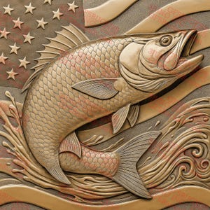 3D Illusion Tarpon PNG, 14x14 Inch Laser Engraving File, Patriotic Flag and Water Splash Scene for Fishing and Coastal Decor | GF5Bucks®