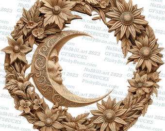 Laser Burn PNG | 3D Illusion | Engrave | Laser Ready | Digital Design File | Celestial | Moon | Wreath
