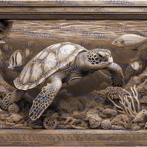 May include: A carved wooden picture frame with a sepia toned image of a sea turtle swimming through a coral reef. The turtle is in the foreground and the coral reef is in the background. The image is surrounded by a wooden frame.