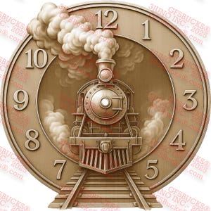 Reloj de tren con ilusión 3D PNG para grabado láser: Locomotora de vapor sobre vías con humo y números (aprox. 35,5 x 35,5 cm) – GF5Bucks®