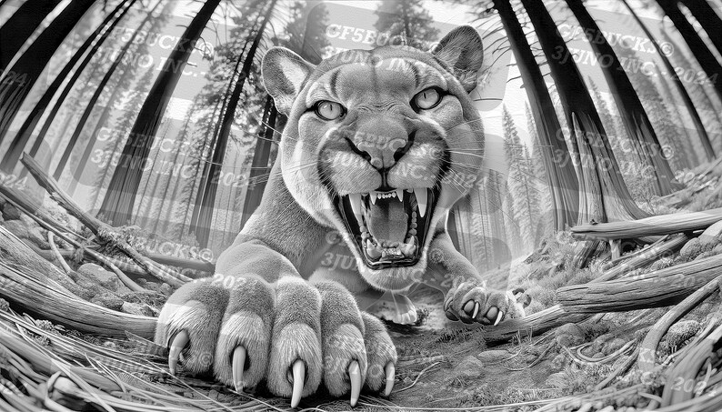 May include: A black and white image of a mountain lion with its mouth open and teeth showing. The lion is in a forest setting with tall trees in the background. The lion's paw is in the foreground, with sharp claws visible.