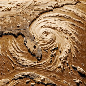May include: A brown, wooden relief map of a hurricane making landfall on the Florida coastline. The hurricane is depicted as a swirling vortex of clouds, with the eye of the storm visible in the centre. The map shows the state of Florida and surrounding areas, with the coastline and major cities clearly marked.