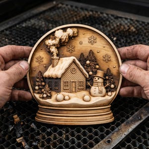 May include: A wooden Christmas snow globe with a detailed winter scene. The scene includes a house, snowman, trees, and snowflakes. The globe is held by two hands against a dark background.