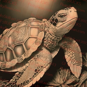 May include: A detailed sepia-toned illustration of a sea turtle. The turtle's shell features intricate patterns and textures, with a focus on the head and front flipper. The background is dark, highlighting the turtle's form.
