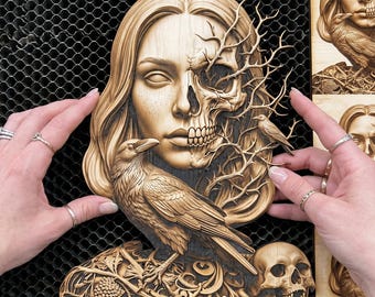 DarkGraven™ 3D Illusion Art Macabre Goddess Raven Skull PNG - 11.1x14.0 Inches GF5Bucks®