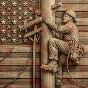 Liniero con ilusión 3D PNG - Diseño de grabado láser de 14 x 14 con fondo de bandera estadounidense - Homenaje a los trabajadores de líneas eléctricas - GF5Bucks®