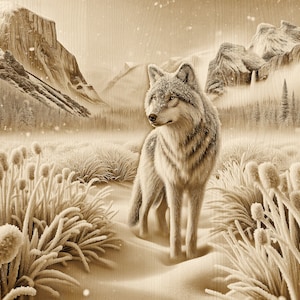Könnte beinhalten: Ein einsamer Wolf steht in einer schneebedeckten, bergigen Landschaft. Der Wolf blickt zum Betrachter und hat ein hellbraunes Fell. Der Hintergrund ist in Sepiatönen gehalten und zeigt schneebedeckte Berge und Bäume.