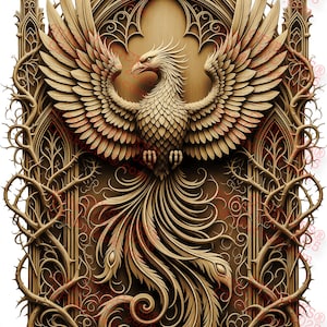 3D Illusion Phoenix PNG – Motif de gravure laser avec cadre gothique – 9,9 x 13,9 pouces – Ashmark Originals™ – GF5Bucks®