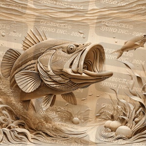 3D-illusie | Digitaal png-bestand laser | Voor gravure | Gereed voor laser | Direct downloaden | Smallmouth-bas | Gestreepte bas