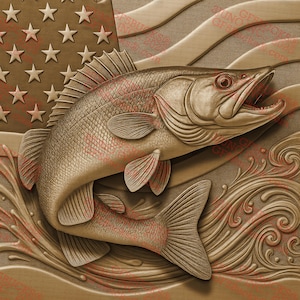 3D Illusion Walleye PNG, 14x14 Inch Laser Engraving File, Patriotic Flag and Water Splash Fishing Scene for Wood Projects | GF5Bucks®