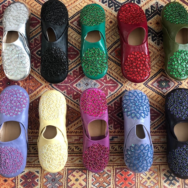 Handmade Genuine Moroccan Leather Slippers with Sequin embroidered