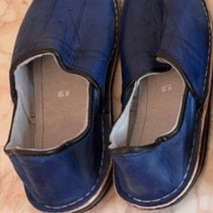 Pantoufles marocaines en cuir véritable faites à la main Blue 4