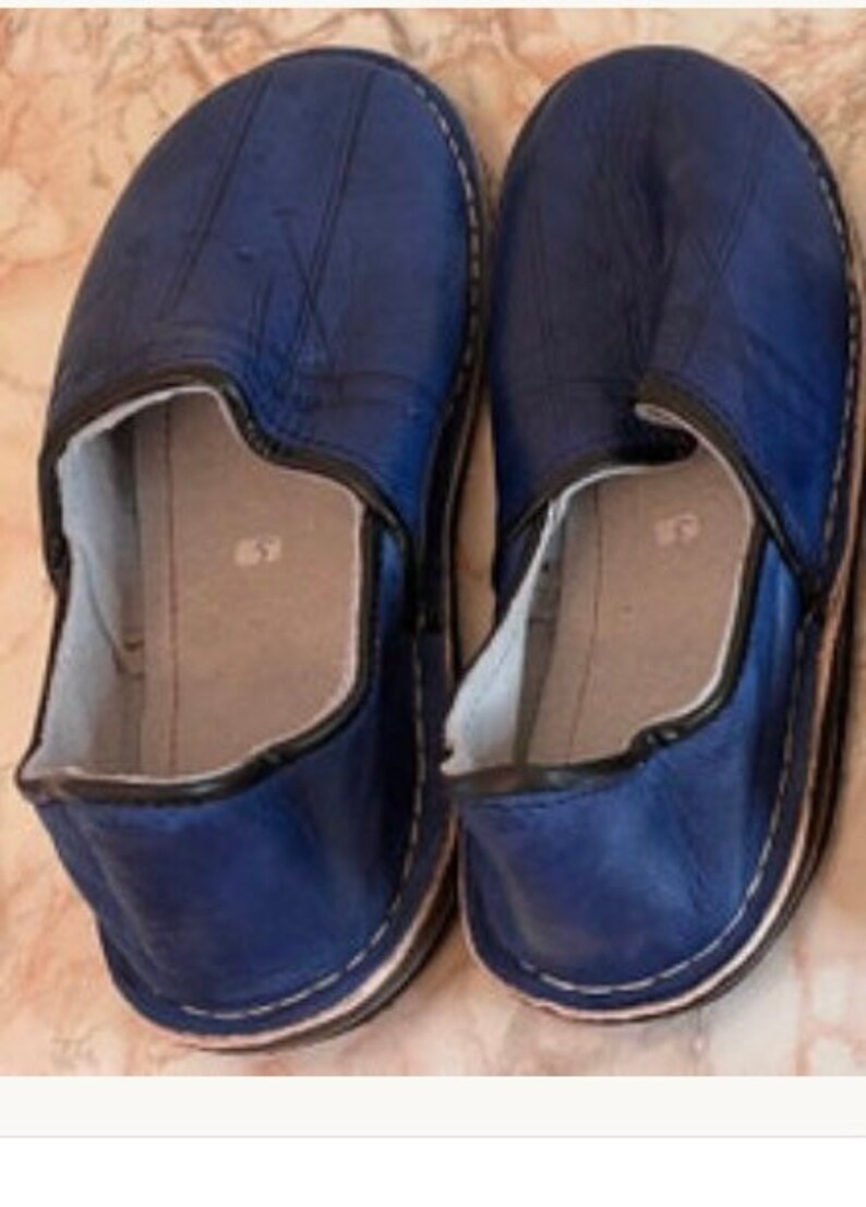 Pantoufles marocaines en cuir véritable faites à la main Blue 4