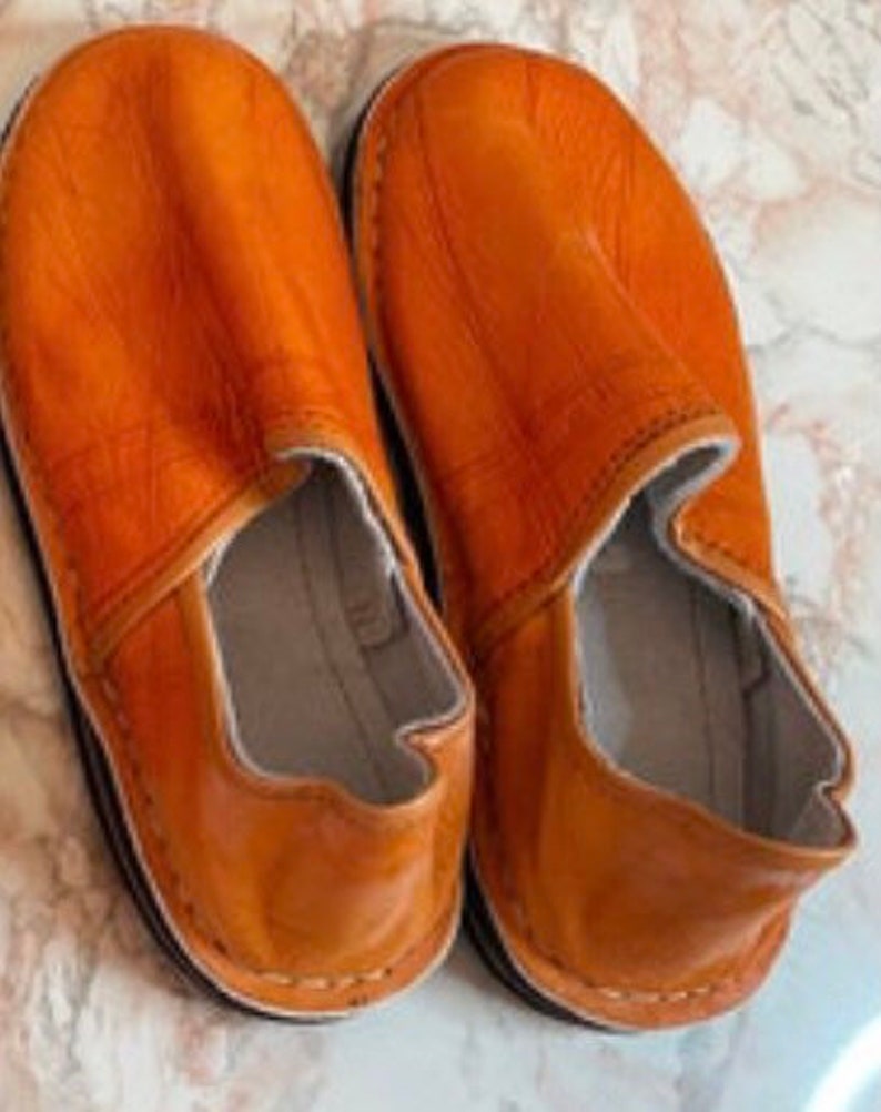 Pantoufles marocaines en cuir véritable faites à la main Orange 3