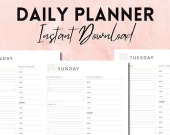 May include: A printable daily planner with a pink background and the text "DAILY PLANNER Instant Download". The planner includes sections for "TODAY SCHEDULES", "MY DAILY GOALS", "TO DO LIST", "NOTE", "WATER INTAKE", and "MOOD".