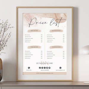 Modello Canva di listino prezzi modificabile / Listino prezzi digitale minimo / Listino prezzi estetica beige per piccole imprese / Unghie per ciglia per capelli trucco salone