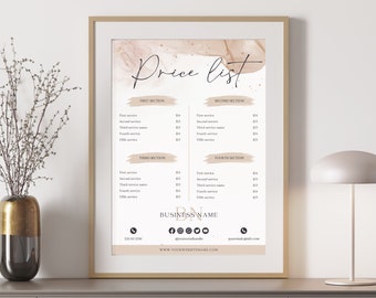 Op de afbeelding: Een ingelijste prijslijst met een neutraal kleurenpalet. De titel "Price list" staat in elegant schrift. De lijst is verdeeld in vier secties, elk met servicenamen en prijzen. De bedrijfsnaam en contactgegevens staan onderaan.