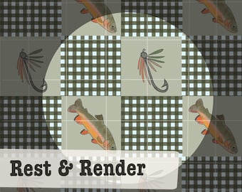 Rustic Fishing Pattern: Hand-Drawn Trout & Gingham (PNG Digital Download)