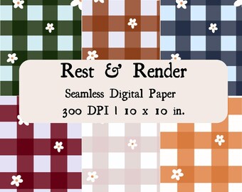 Floral Gingham Digital Paper: Cozy Plaid Backgrounds (Digital Download, 10x10 PNGs, 300DPI)