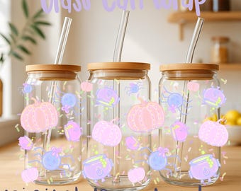 Pastel Halloween Glass Can Wrap Cute Pumpkin Spider & Cauldron Digital Download Kawaii Spooky Season Clipart Background Hand Drawn Design