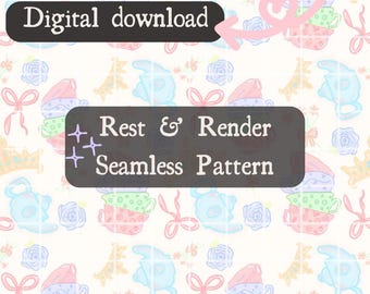 Pastel Princess Seamless Pattern: Hand-Drawn Floral Design (Digital Download, 300 DPI PNG)
