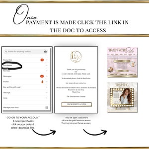 May include: A digital download graphic with a gold button that says "Click Here to Access". The graphic is on a white background with a gold frame. The text "Thank you for purchasing our GOLD CHROME EDITABLE PRICE LIST" is on the graphic. The text "To download please click the link below" is also on the graphic. The text "Any issues please contact us. Please checkout our other Font's, Elements & Business Resources in our shop. Thank You. The Entrepreneur Lounge" is on the graphic.