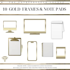 Puede incluir: Diez marcos y blocs de notas dorados, incluyendo un monitor de ordenador, un teléfono inteligente, un portapapeles, un cuaderno y un marco de fotos. Los marcos están todos vacíos y los blocs de notas están en blanco.