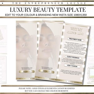 Könnte beinhalten: Eine gold-weiße Vorlage für soziale Medien mit dem Text "Luxury Beauty Template" und "Why My Clients Love". Die Vorlage bietet Platz für ein Foto, den Behandlungsnamen, Kundenfeedback und die Buchung.