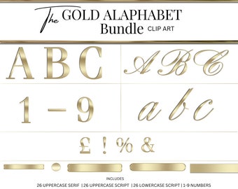 Op de afbeelding: Gouden alfabet clipartbundel met hoofdletters en kleine letters, cijfers en symbolen. De letters zijn in een serif- en schrijflettertype. De bundel bevat 26 hoofdletters serif, 26 hoofdletters schrijflettertype, 26 kleine letters schrijflettertype, de cijfers 1-9 en symbolen. De letters en symbolen zijn goudkleurig met een metallic glans. De tekst "The GOLD ALPHABET Bundle CLIP ART" staat bovenaan de afbeelding. De tekst "INCLUDES" staat onderaan de afbeelding, gevolgd door een lijst met de inbegrepen items. De tekst "CANVA COMPATIBLE | GOLD LETTERS & BORDERS CANNOT BE EDITED | COMMERCIAL USE ALLOWED" staat onderaan de afbeelding.