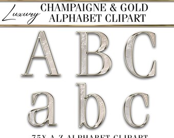 Op de afbeelding: Champagne en gouden alphabet clipart met hoofdletters en kleine letters, cijfers en symbolen. De letters zijn in een gouden frame met een witte en gouden textuur achtergrond. De tekst "75X A-Z ALPHABET CLIPART" staat onderaan de afbeelding. De tekst "UPPER & LOWER CASE, NUMBERS & SYMBOLS, PNG, THIS IS NOT A FONT" staat onderaan de afbeelding.