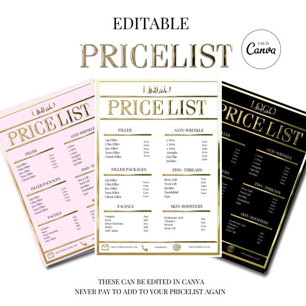 Gold-Chrom-Preisliste | Goldpreisliste| Canva-Preisliste | Bearbeitbare Preisliste | Canva-Vorlage | Beauty-Preisliste