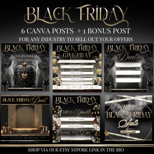 Puede incluir: Seis plantillas de publicación en redes sociales de Canva en negro y dorado con el texto "Black Friday" y varios diseños. Los diseños incluyen un cofre, dados, un escenario y una señal de advertencia. El texto "Shop via our Etsy store link in the bio" está en la parte inferior de la imagen.