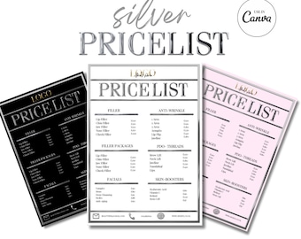 Silver Chrome Price list | Silver Price list| Canva Price list |  Editable Price list |  Canva Template | Beauty Price list