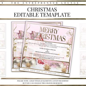 May include: A pink and gold Christmas card template with a festive design featuring ornaments, snowflakes, and a message that says "Merry Christmas". The text "Logo Goes Here" is also included. The card is editable, allowing you to customize it with your own business name and message.