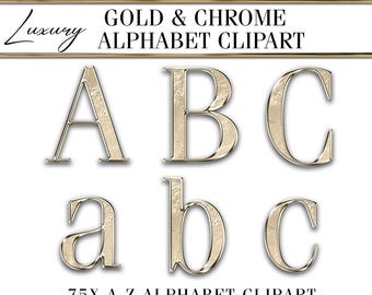 Op de afbeelding: Gold en chroom alphabet clipart met hoofdletters en kleine letters, cijfers en symbolen. De letters A, B en C worden in hoofdletters en kleine letters weergegeven.