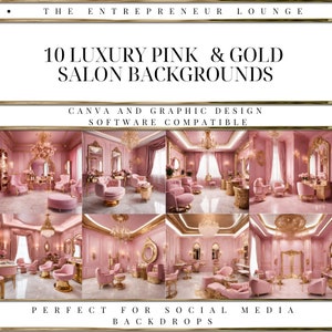 Puede incluir: Diez fondos digitales que muestran un interior de salón rosa y dorado con detalles ornamentados, candelabros y asientos de felpa. El texto "10 LUXURY PINK & GOLD SALON BACKGROUNDS" está en la parte superior de la imagen. El texto "CANVA AND GRAPHIC DESIGN SOFTWARE COMPATIBLE" está debajo de la imagen. El texto "PERFECT FOR SOCIAL MEDIA BACKDROPS" está en la parte inferior de la imagen.
