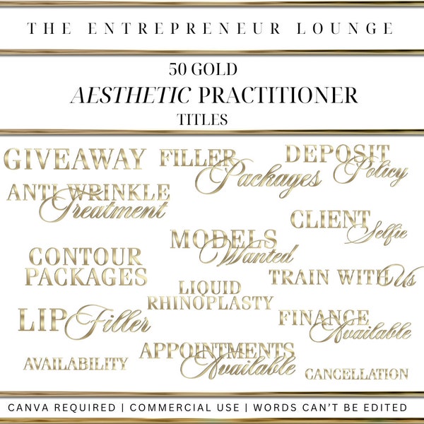 50 Aesthetic practitioner titles | aesthetic practitioner | beauty business | beauty logo | gold alphabet | gold cliart | beauty |
