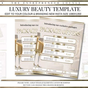 Puede incluir: Una plantilla beige y dorada para un salón de belleza o spa. La plantilla presenta una copa de champán y el texto "Introducing our exclusive packages" y "Package Offers". La plantilla también incluye una lista de precios para diferentes paquetes.