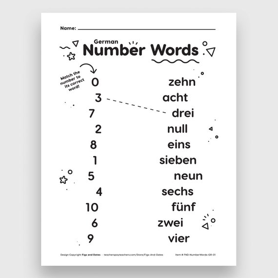 german number words matching printable worksheet grades prek etsy
