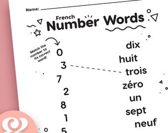 May include: A black and white worksheet with a French number words matching activity. The numbers 0 through 8 are listed on the left side of the page, and the French words for each number are listed on the right side of the page.  The words are: dix, huit, trois, zéro, un, sept, neuf, six, cinq.