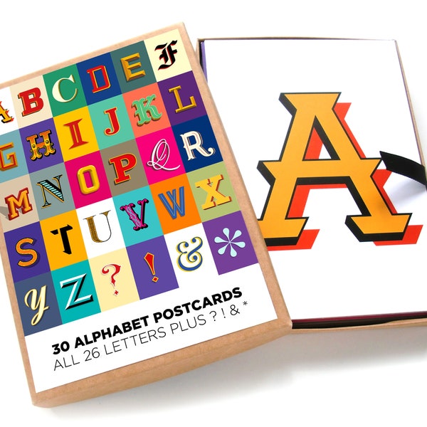Alphabet Postcards: Colourful decorative typographic boxed gift set of 30 A6 cards. Type Fonts Graphics.