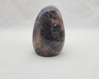 May include: A smooth, polished, egg-shaped stone with a black and brown marbled pattern.