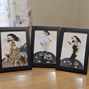 May include: Three framed art prints featuring anthropomorphic reptiles in various outfits. One wears a leopard print dress, another a white coat, and the third a black dress. Each print is in a black frame.