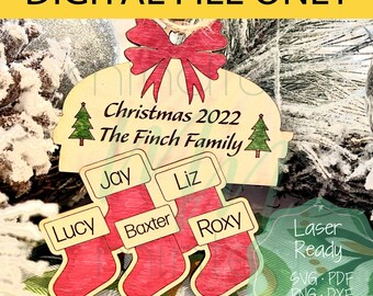 Mantel with Stockings Ornament, 1-8 names, Christmas Tree 2022, DIGITAL File only, Laser Ready, Personalize, Glowforge, Christmas SVG