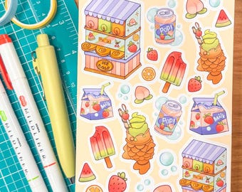 Summer Treats Sticker Sheet | Taiyaki ice cream, cute snacks | 2000s Nostalgia Stickers for Journals, Bujo, Water Bottles, Laptops, and More