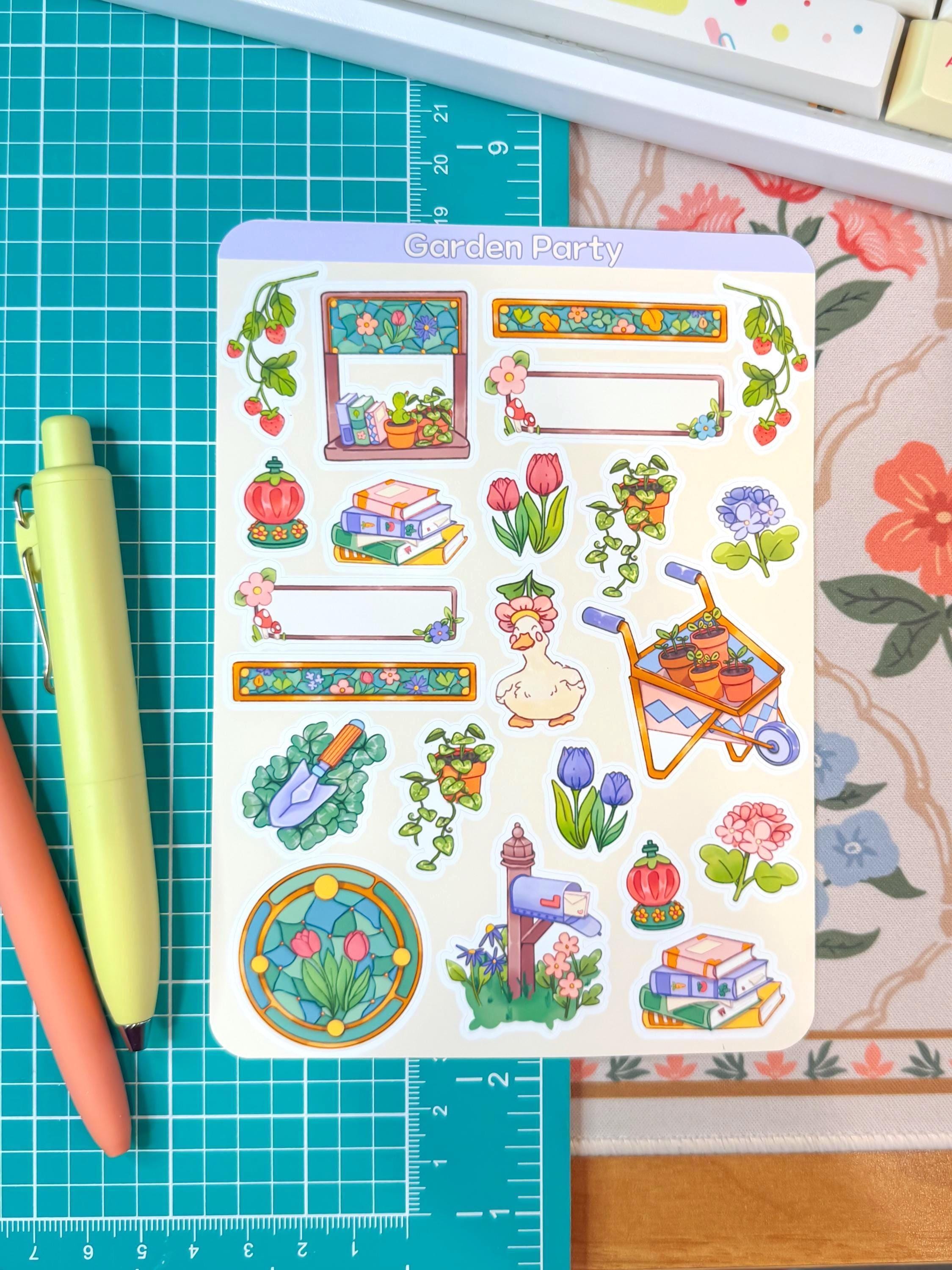 Garden Party Sticker Sheet| Cute handmade floral sticker sheet | Cottagecore aesthetic stickers for scrapbooks, journals, planners