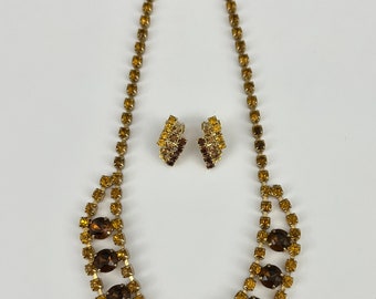 Vintage Unsigned Topaz/Amber Rhinestone Necklace & Clip On Earrings